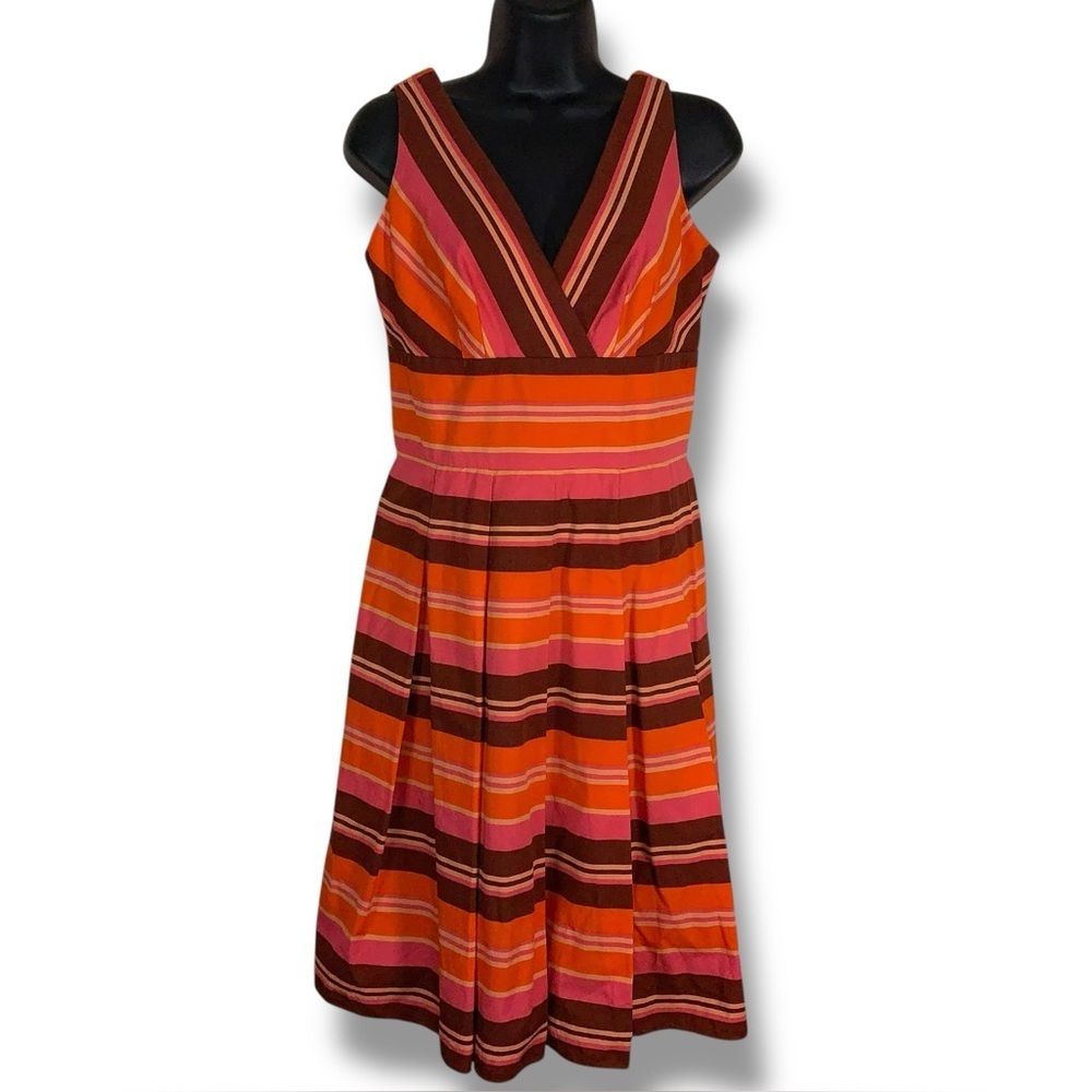 Petite 6 Talbots Orange Peach Burgundy Striped Sleeveless Dress Vneck Aline
